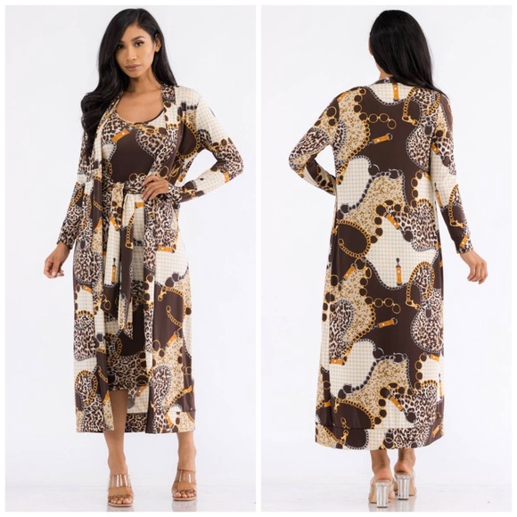 Two-Piece Dress and Cardigan Set, Sizes Small - 1XLarge (Chain Print) - Picture 1 of 6